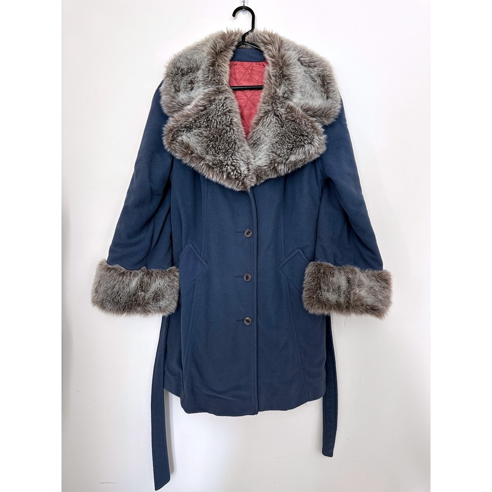 VTG 1970s Penny Lane Coat M Blue Faux Fur Shaggy Trim Almost Famous Boho Afghan